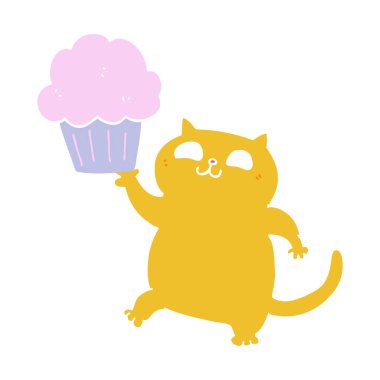 düz renk stil karikatür kedi ile cupcake
