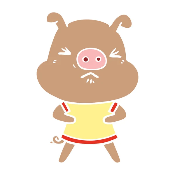 Plat Couleur Style Dessin Animé Cochon Colère Portant Tee Shirt — Image vectorielle