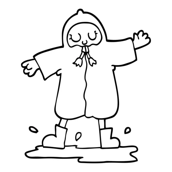 Persona Cartone Animato Bianco Nero Spruzzi Pozzanghera Indossando Cappotto Pioggia — Vettoriale Stock