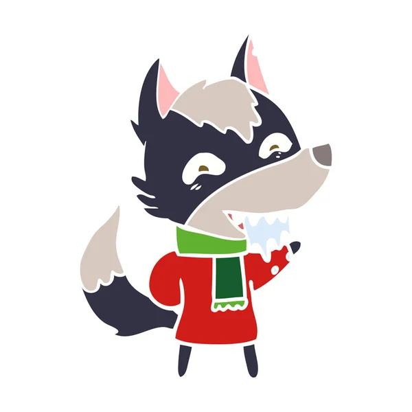 Flat Color Style Cartoon Hungry Wolf Winter Clothes — Stock Vector