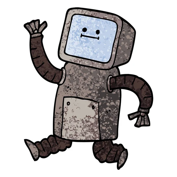 Grunge Textured Illustration Cartoon Robot Running — Stock Vector