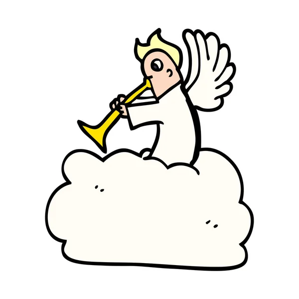 Fumetto Doodle Angelo Sulla Nuvola Con Tromba — Vettoriale Stock