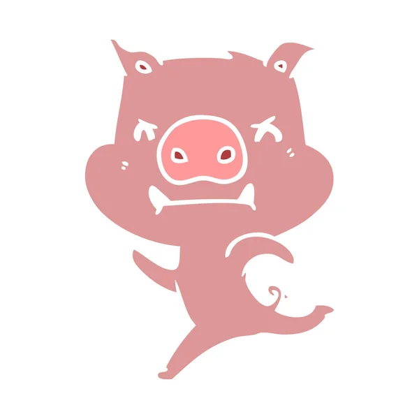 Enojado Color Plano Estilo Dibujos Animados Cerdo Carga — Vector de stock