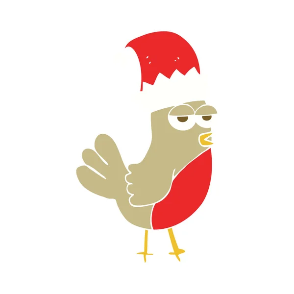 Illustration Couleur Plate Robin Dans Chapeau Noël — Image vectorielle
