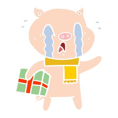 Noel hediyesi teslim ağlayan domuz düz renk stil çizgi film