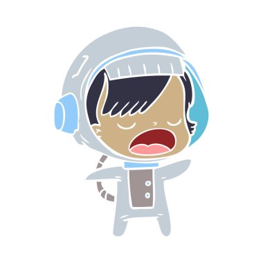 konuşan astronot kadın karikatür düz renk stili