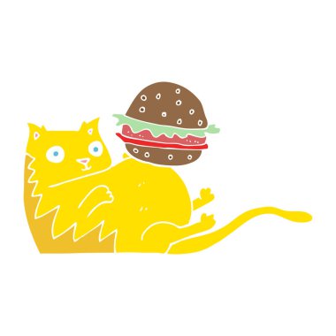 şişman kedi burger ile düz renkli çizimi