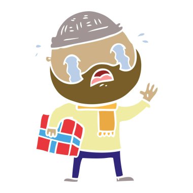 düz renk stil çizgi film sakallı Noel hediyesi ile ağlayan adam