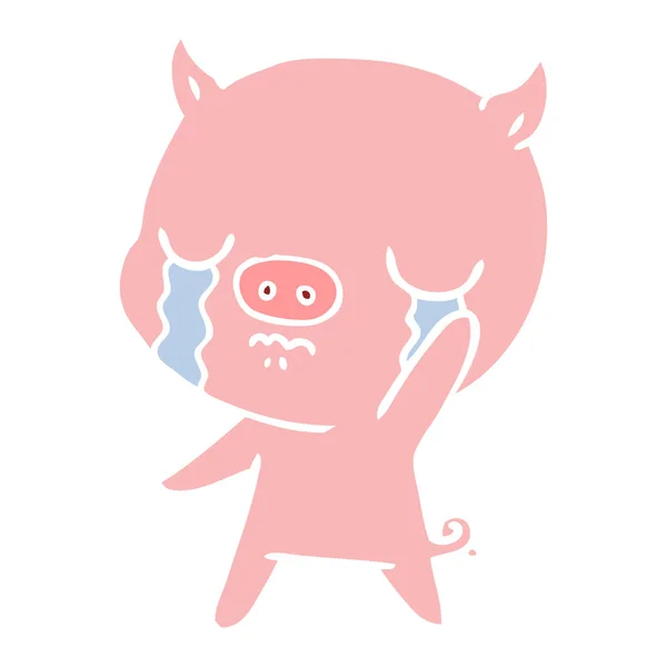 Flat Color Style Cartoon Pig Crying Waving Goodbye — Stock Vector