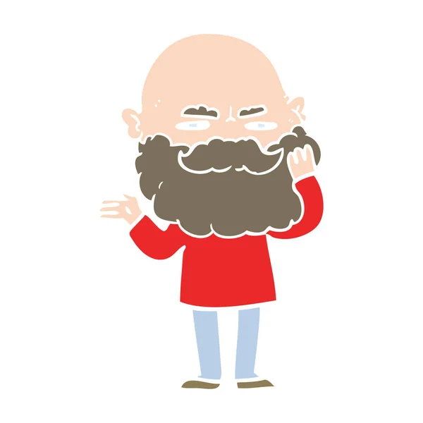 Hombre Dibujos Animados Estilo Color Plano Con Barba Frunciendo Ceño — Vector de stock
