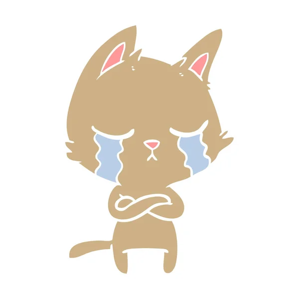 Weinen Flache Farbe Stil Cartoon Katze Mit Gefalteten Armen — Stockvektor