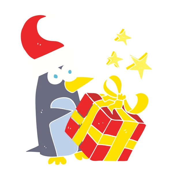 Illustration Couleur Plate Pingouin Noël Avec Présent — Image vectorielle
