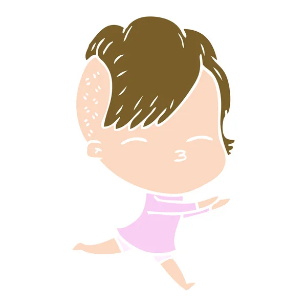 Flat Color Style Cartoon Squinting Girl Running — Stock Vector