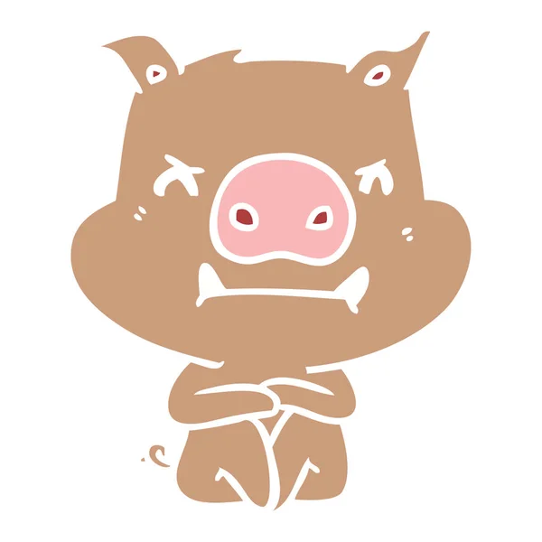 Angry Flat Color Style Cartoon Pig — Stock Vector