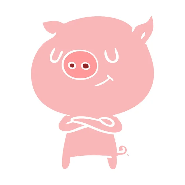 Feliz Estilo Cor Plana Cartoon Porco — Vetor de Stock