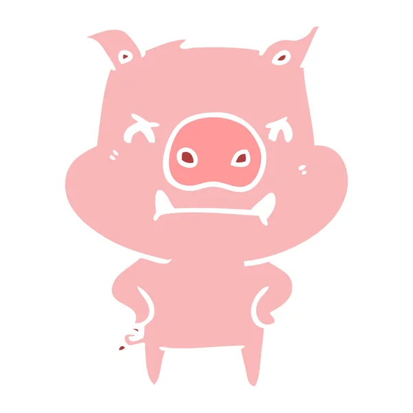 Enojado Color Plano Estilo Dibujos Animados Cerdo — Vector de stock