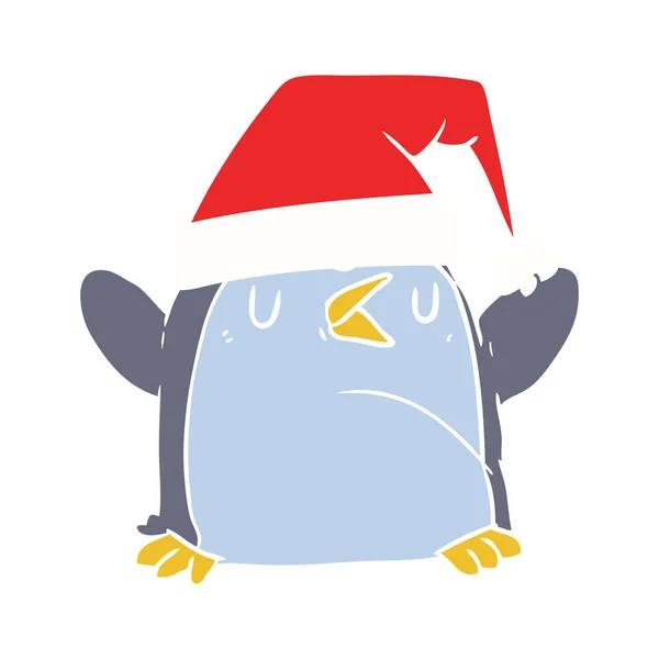 Pingüino Dibujos Animados Estilo Color Plano Con Sombrero Navidad — Vector de stock