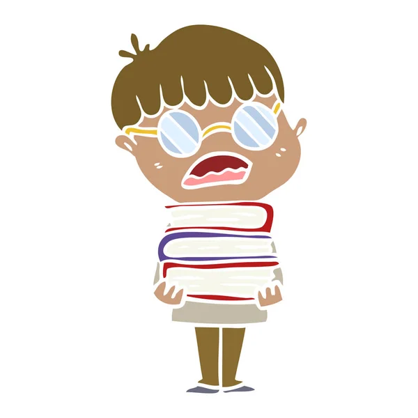 Plochý Barevný Styl Kreslený Chlapec Knihami Které Nosí Brýle — Stockový vektor