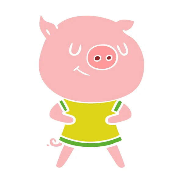 Happy Flat Color Style Cartoon Pig — Stock Vector