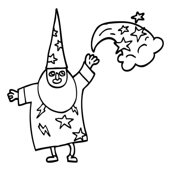 Lijntekening Cartoon Wizard Gieten Spell — Stockvector