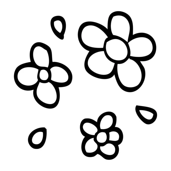 Línea Dibujo Dibujos Animados Flores Decorativas — Vector de stock