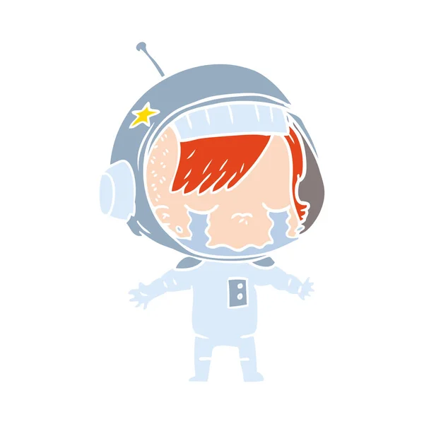 Platt Färg Stil Tecknad Gråtande Astronaut Tjej — Stock vektor