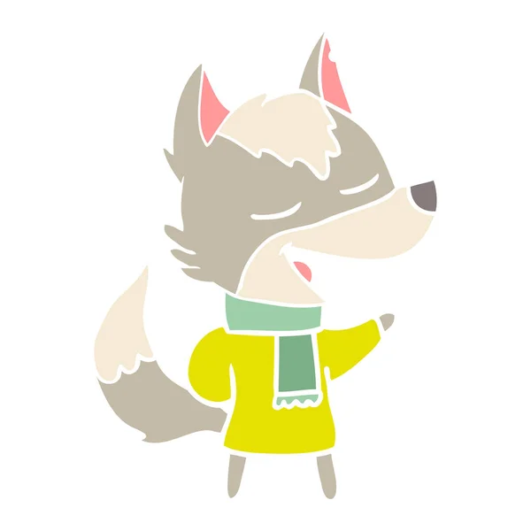 Estilo Color Plano Dibujos Animados Lobo Bufanda Riendo — Vector de stock