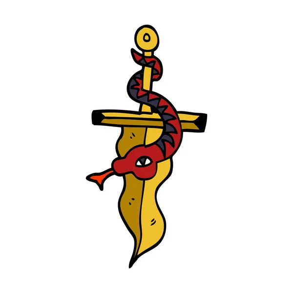 Cartoon Doodle Dagger Snake Tattoo — Stock Vector