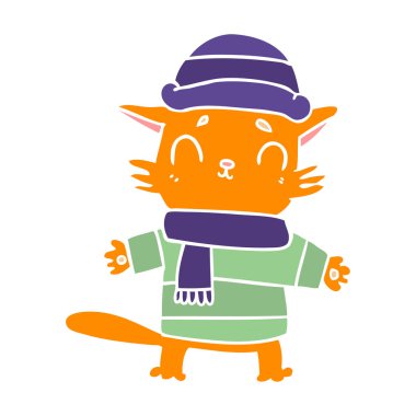 kış giysileri içinde düz renk stil karikatür kedi