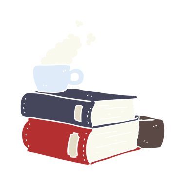 düz renk stil karikatür kitap ve kahve fincanı