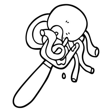 siyah beyaz çizgi film spagetti ve köfte çatal üzerinde