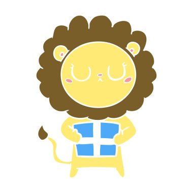 Noel hediyesi ile düz renk tarzı çizgi film aslan