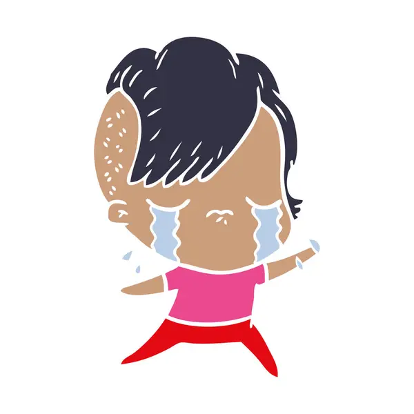 Flat Color Style Cartoon Crying Girl — Stock Vector