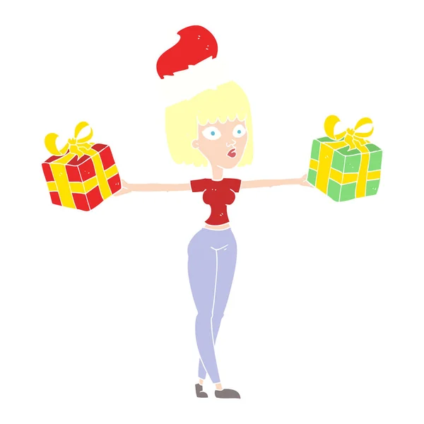 Flat Color Illustration Woman Xmas Presents — Stock Vector