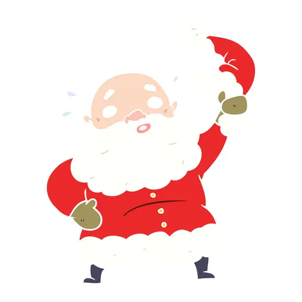 フラット カラー スタイル漫画サンタ クロース帽子を振って — ストックベクタ