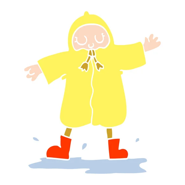 雨コートを着て水たまりの中で水しぶきフラット カラー イラスト漫画人 — ストックベクタ