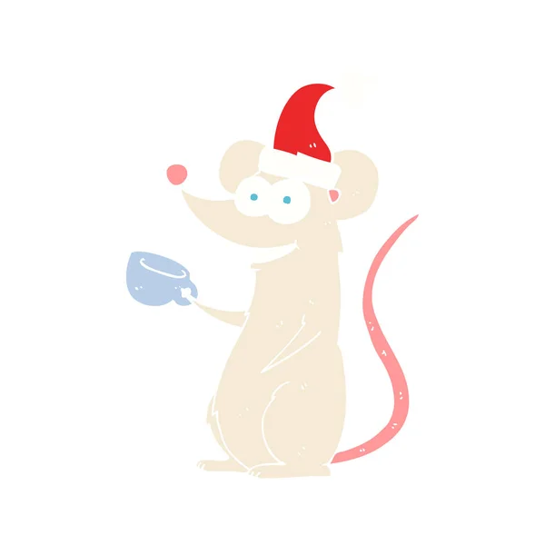 Επίπεδη Χρώματος Απεικόνιση Του Ποντικιού Φοράει Καπέλο Χριστουγέννων — Διανυσματικό Αρχείο