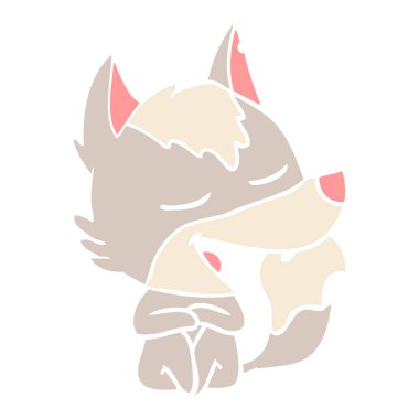 düz renk tarzı çizgi film kurt oturma gülüyor