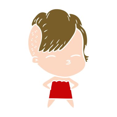 elbiseli kız gözlerini kısarak düz renk stil çizgi film