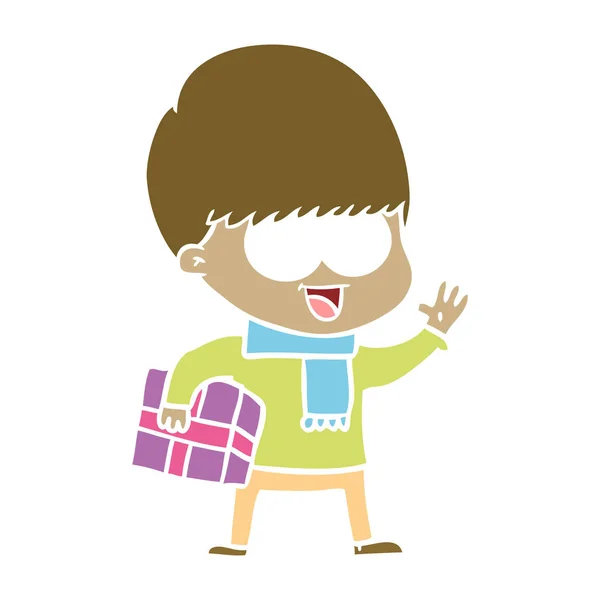 Glücklich Flache Farbe Stil Cartoon Junge Mit Geschenk — Stockvektor