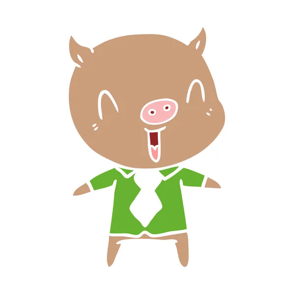 シャツとネクタイを着てハッピー フラット カラー スタイル漫画豚 — ストックベクタ