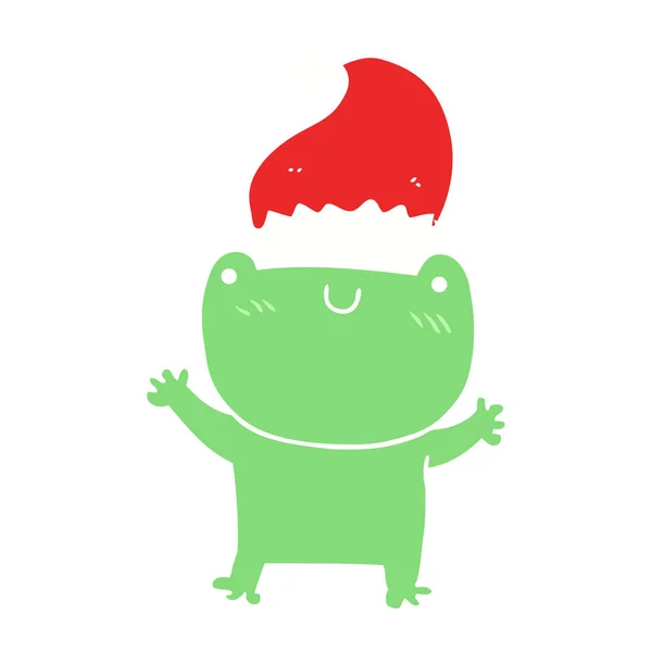 Niedliche Flache Farbe Stil Cartoon Frosch Trägt Weihnachtsmütze — Stockvektor