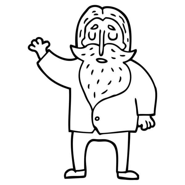 Línea Dibujo Dibujos Animados Hombre Viejo Saludando — Vector de stock