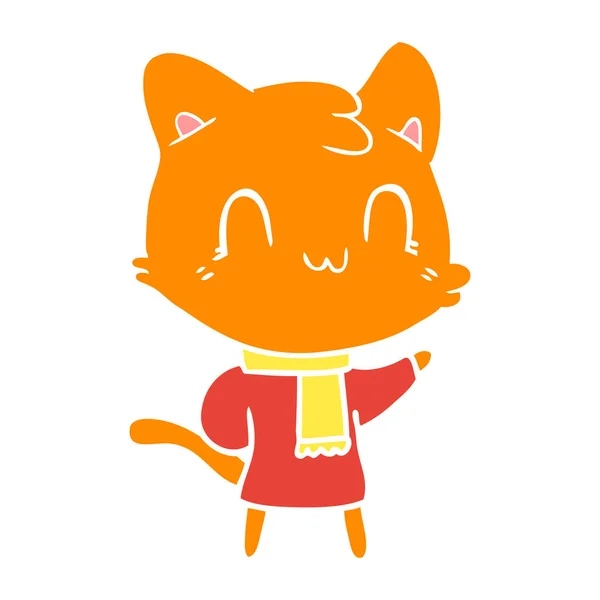 Plano Color Estilo Dibujos Animados Feliz Gato Usando Bufanda — Archivo Imágenes Vectoriales