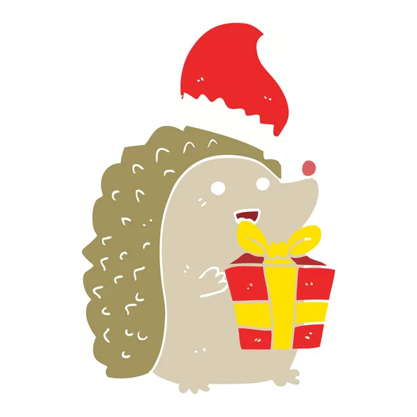 Egale Kleur Stijl Cartoon Egel Met Kerst Hoed — Stockvector