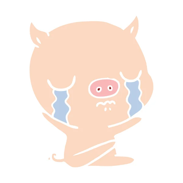 Flat Color Style Cartoon Sitting Pig Crying — Stock Vector