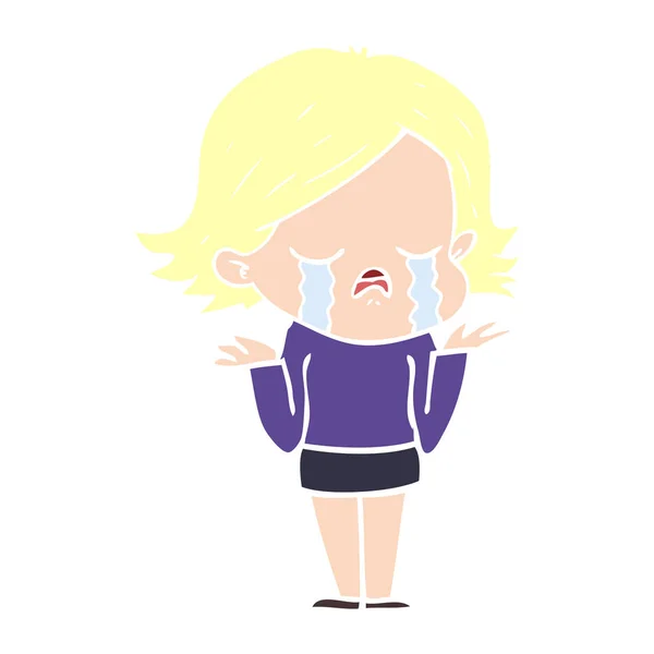 Flat Color Style Cartoon Girl Crying — Stock Vector
