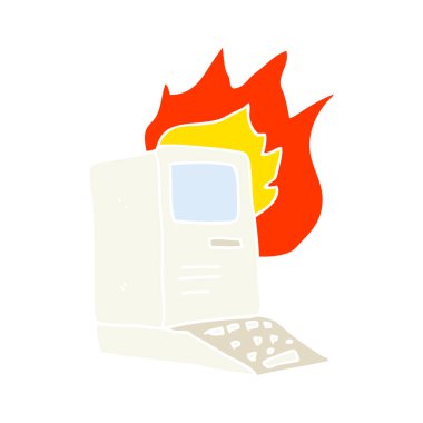 Yangın eski bilgisayarda düz renkli çizimi