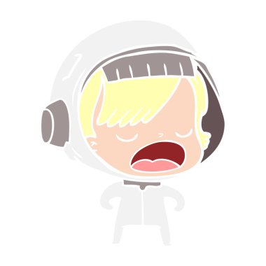 konuşan astronot kadın karikatür düz renk stili