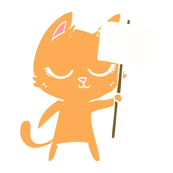 Lugna Platt Färg Stil Tecknad Katt Med Plakat — Stock vektor